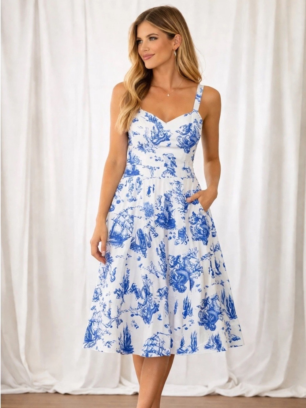 Avec Les Filles NEW Coastal Sleeveless Dress White Blue Womens 10 Sea Creatures